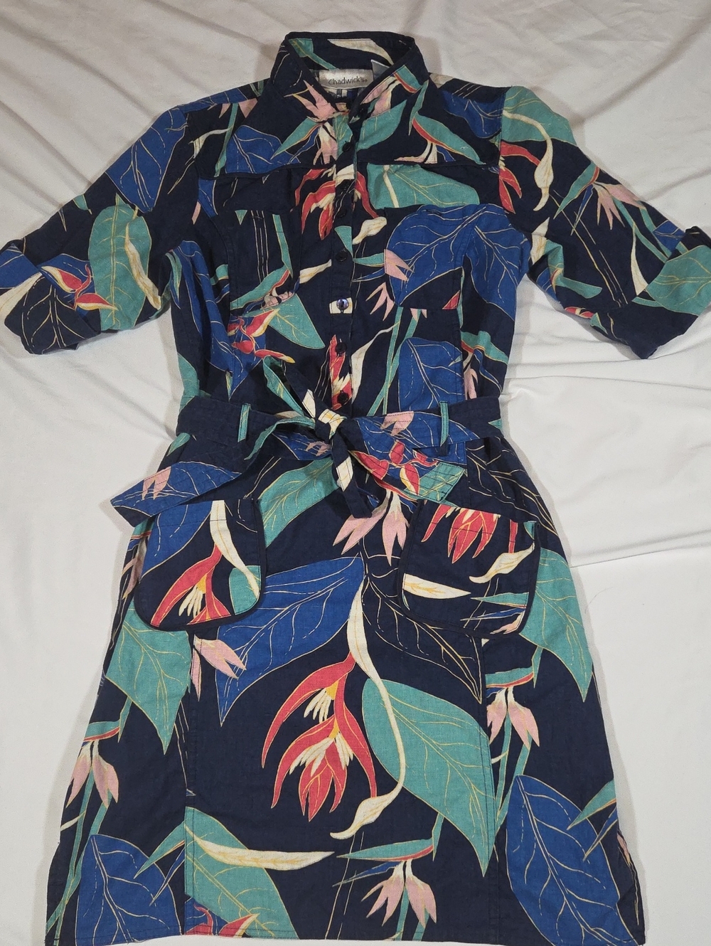 Chadwicks Tropical Leaf Belted Dress Collard Button Down Linen Size 6